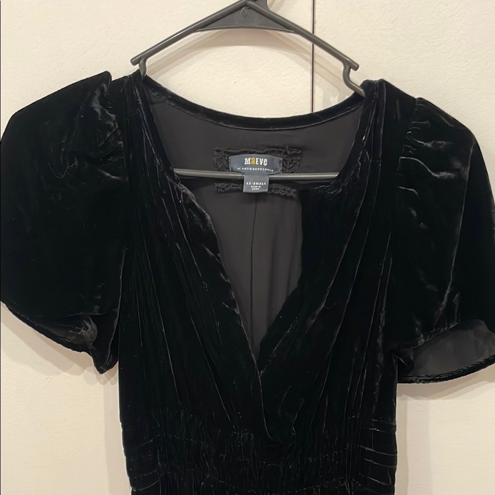 Maeve Black Velvet V-Neck Flutter Sleeve Mini Dress